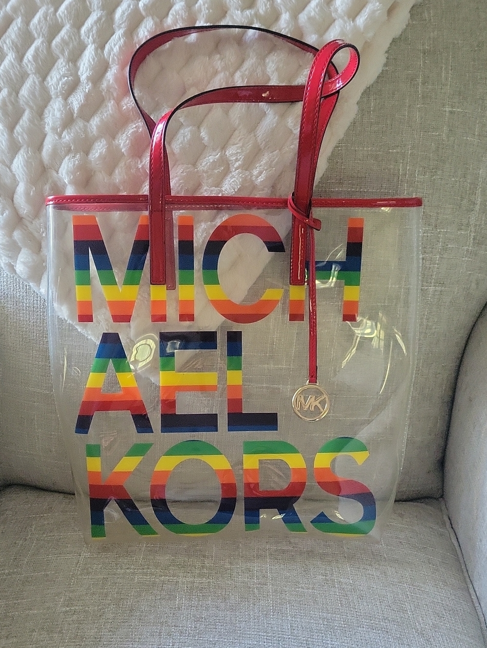 Michael Kors Clear Tote with Rainbow Logo and Red Trim